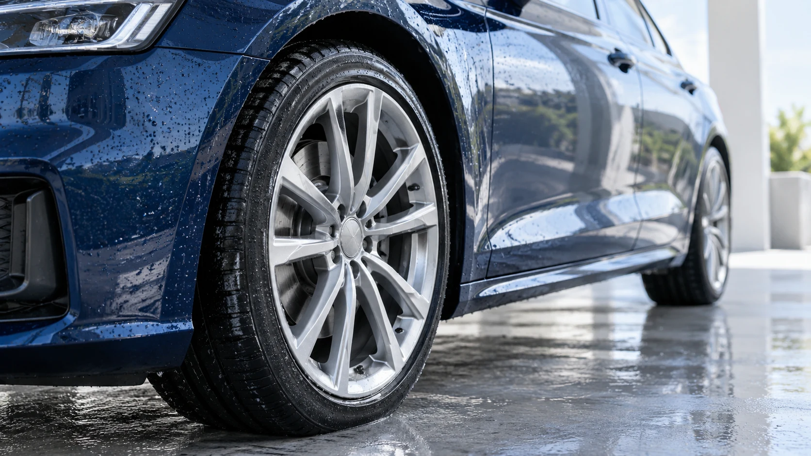 Lacivert bir otomobilin temiz jantı, lastiği ve gövde detayı