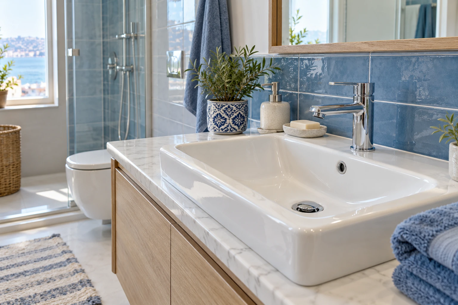 Temiz lavabo ve krom armatürle aydınlık bir banyo